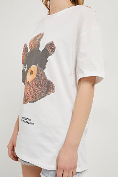 Arma Life Women's Teddy Bear Printed Oversize Summer White T-Shirt