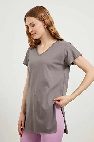 Arma Life Kadın Yırtmaçlı Basic Kısa Kollu Füme Uzun Tişört