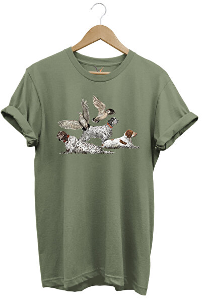WİDİ Κυνήγι Κυνήγι με φερμάκι English Setter And Cullery Printed 100% βαμβακερό μπλουζάκι χακί κανονικής εφαρμογής