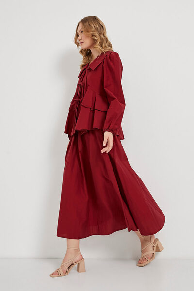 Arma Life Women's Lace-Up Flounce Long Sleeve Loose Burgundy Blouse