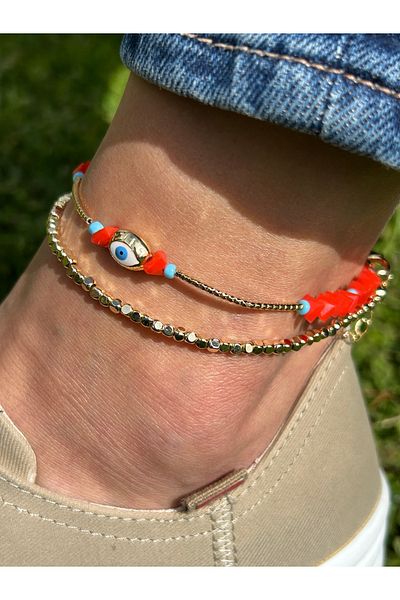 ByMerve Elegant Stylish Women's Tarnish-Free Gold Orange 2-Piece Set Evil Eye Crystal 26 cm Bead Anklet