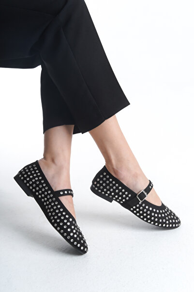 Redoxy Women's Special Design Suede Ankle Lace-Up Ballerina Shoes with Stone Detail