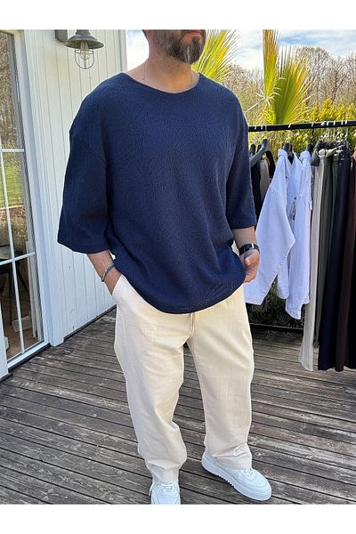 BYBASICMAN Navy Blue Floral Knitted Embroidered Knitwear T-Shirt Ke-7016
