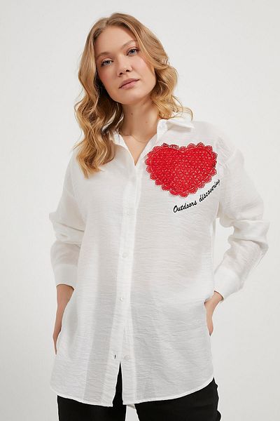 Arma Life Cămașă albă oversize cu model de tricotat cu inimă largi pentru femei