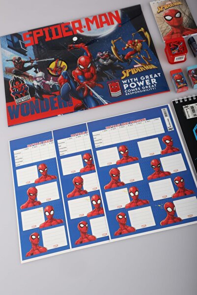 SPIDERMAN مجموعة قرطاسية سبايدرمان المرخصة مكونة من 14 قطعة، ملف جاف، ملصق مدرسي، لوحة مذكرة، 3 أقلام رصاص، STAY