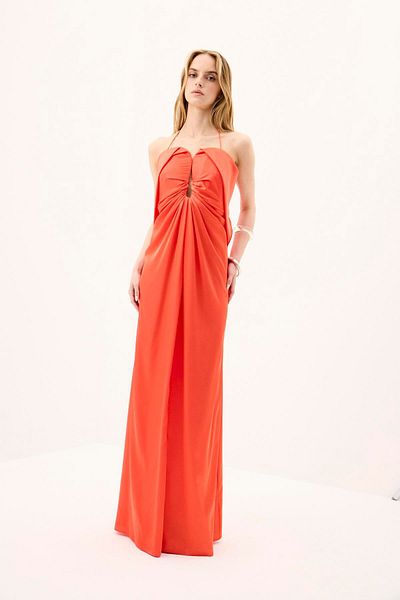rue. Stylish Coral Long Dress with Low-Cut Chest