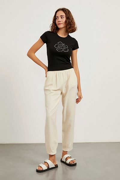 Arma Life Pantaloni largi ecru texturați din in pentru femei cu talie elastică