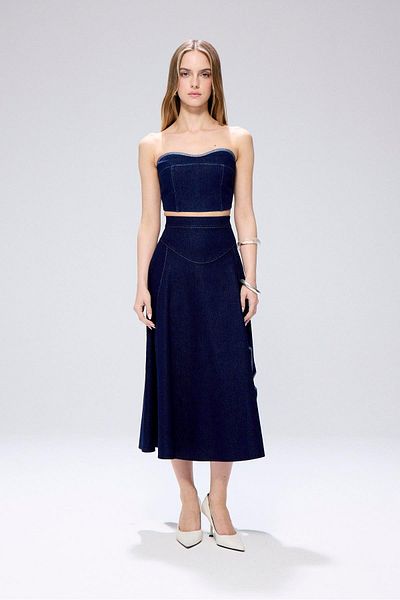 rue. Navy Blue Glitter Denim Midi Skirt with Flower Detail