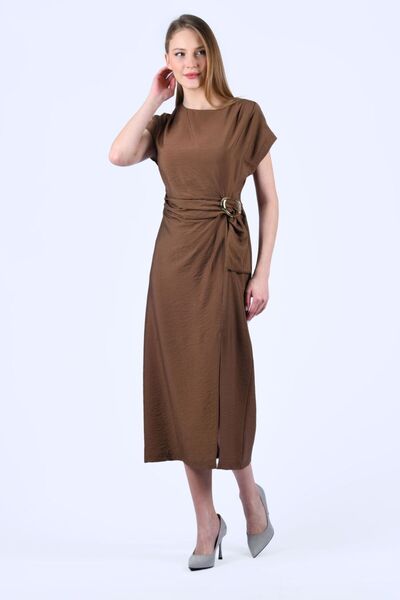 la luce Kahve Kendinden Kemerli Midi Elbise - QE339