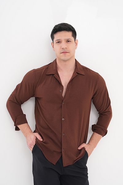 byata.style Summer Men's Shirt Loose Fit Long Sleeve Textured Oversize Men's Shirt Brown