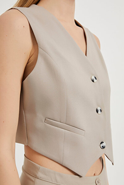 Arma Life Women's Strap Summer V-Neck Button Mink Crop Vest