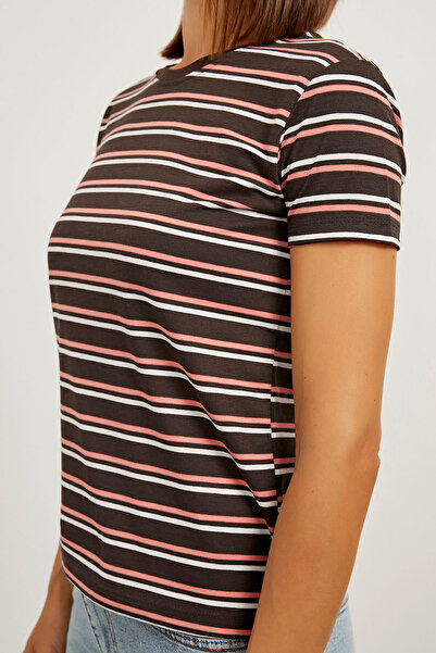 Arma Life Γυναικείο ριγέ κοντομάνικο βασικό φαρδύ καφέ μπλουζάκι