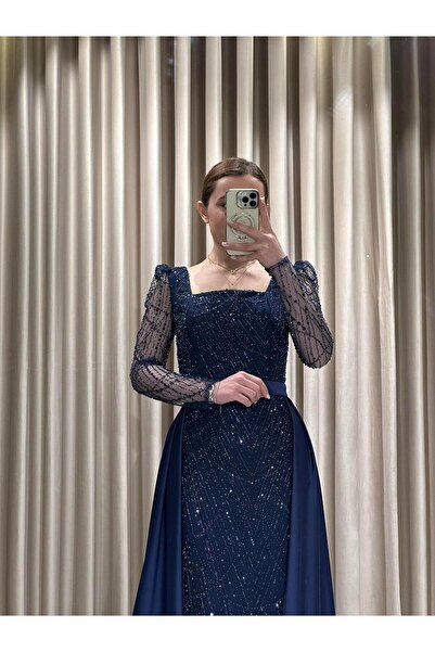 Kaleiçi Yıldızlar Lacivert Boncuk İşlemeli Uzun Kollu Pelerinli Abiye Elbise 5463