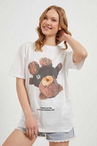 Arma Life Women's Teddy Bear Printed Oversize Summer White T-Shirt