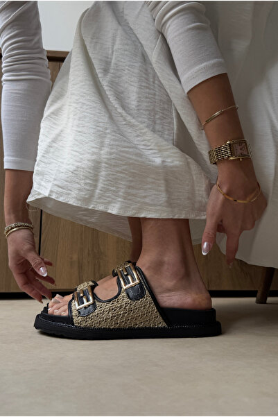 Mupa Shoes Γυναικείες μαύρες ψάθινες παντόφλες