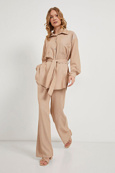 Arma Life Kadın Kuşaklı Bol Gömlek Baggy Pantolon Kahve Alt Üst Takım