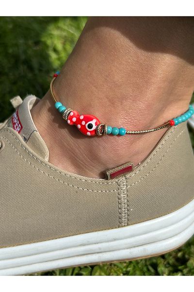 ByMerve Elegant Stylish Women's Gold Glass Fish Figured Blue 26 cm Bead Anklet