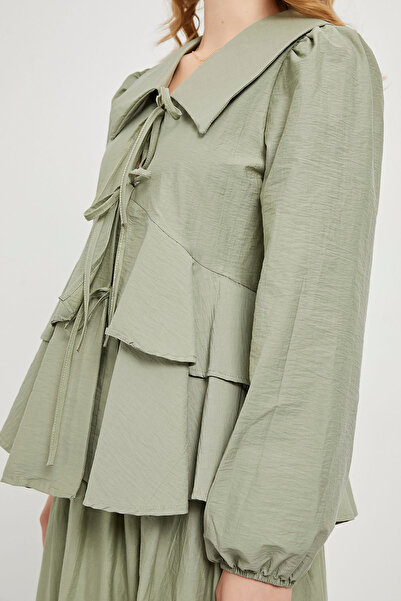 Arma Life Women's Lace-Up Flounce Long Sleeve Loose Khaki Blouse