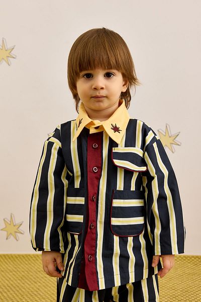 Fahhar Kids Navy Blue Striped Suit Set
