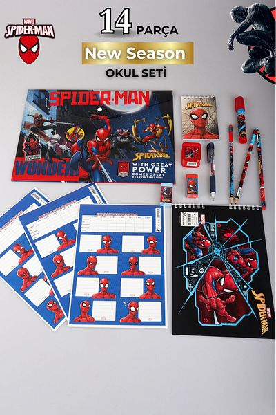 SPIDERMAN Licence Spiderman 14 Pieces Stationery Set, Fencework File, School Label, Pad, 3 Pieces of Lead Pencils, Stay