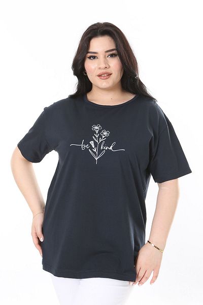 Şans Navy Blue Short Sleeve Women's Blouse - Crew Neck, Plus Size 65N38006