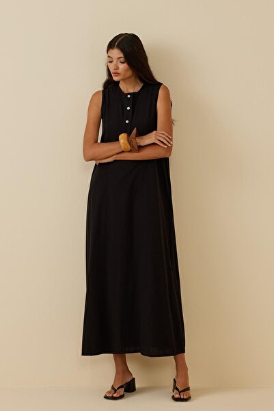 Fahhar Black Placket Linen Dress