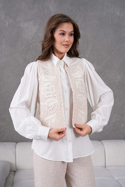 Miss Allos Women's Front and Back Embroidered Pearl and Stone Detailed Linen Vest and Pants Bottom Top Set