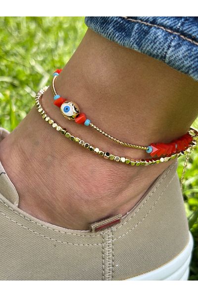 ByMerve Elegant Stylish Women's Tarnish-Free Gold Orange 2-Piece Set Evil Eye Crystal 26 cm Bead Anklet