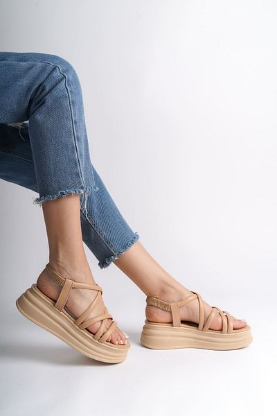 Joy Ayakkabı Bella Elastic Stripe Detailed Orthopedic Sole Women's Sandals Tt - Tan