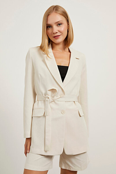 Arma Life Kadın Düğmeli Keten Mevsimlik Ekru Blazer Ceket