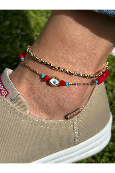 ByMerve Elegant Stylish Women's Gold Red 2 Piece Set 26 cm Bead Anklet Evil Eye Crystal