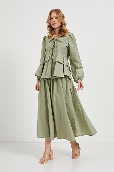 Arma Life Women's Lace-Up Flounce Long Sleeve Loose Khaki Blouse