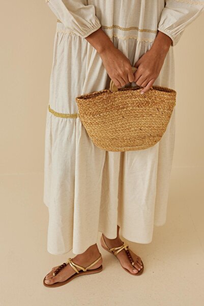 Fahhar Μπεζ λινό φόρεμα πολλαπλών ρίγες