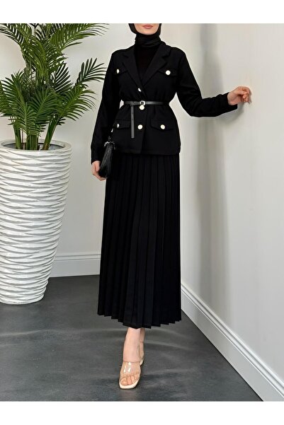 MACMODA Eteği Piliseli Kemerli Düğmeli Ceketli Takım