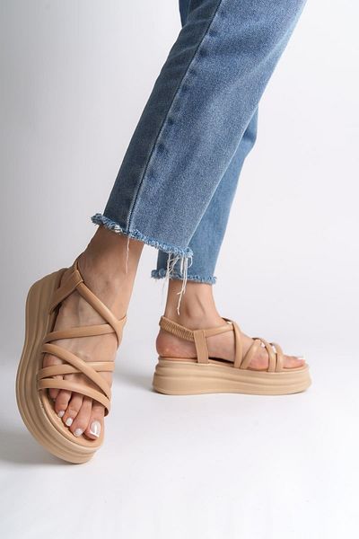Joy Ayakkabı Bella Elastic Stripe Detailed Orthopedic Sole Women's Sandals Tt - Tan