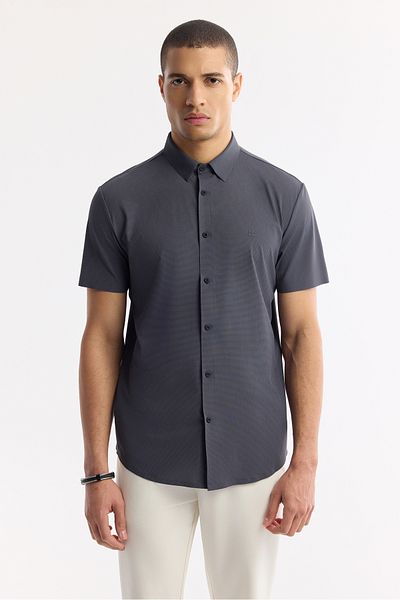 Avva Men's Anthracite Classic Collar Technical Fabric Knitted Short Sleeve Shirt A51Y2141