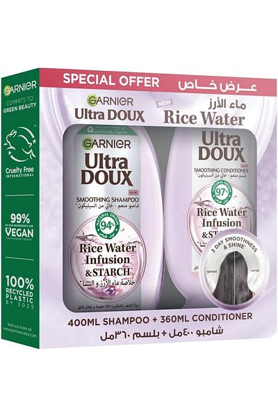 Garnier Ultra Doux Rice Water and Starch Infusion Shampoo, 400 ml + conditioner 360 ml
