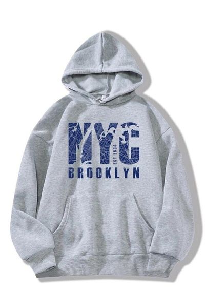 VBSVİBES Hanorac cu glugă gri oversize unisex cu imprimeu Nyc.
