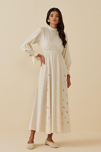 Fahhar Beige Embroidered Linen Dress