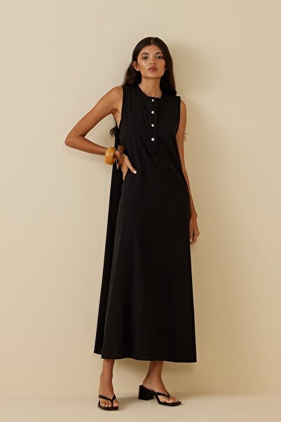 Fahhar Black Placket Linen Dress
