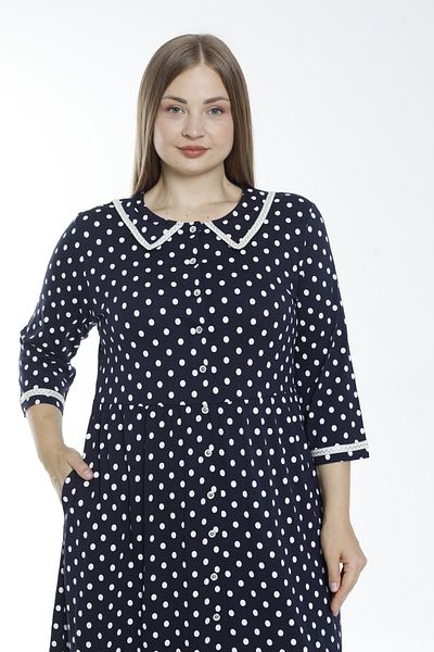 ROMEO LİFE Women's Large Size Cotton Modal Fabric Button Detailed Polka Dot Navy Blue White Dress 7826
