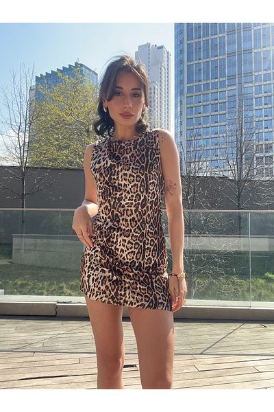 SANX Women's Leopard Print Satin Dress Mini Short Sleeveless Stylish Trend Invitation Dress