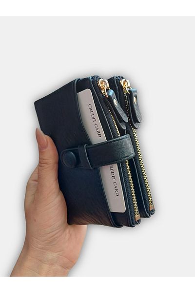 KY Portofel de damă din piele moale de calitate neagră Suport card de mărime medie
