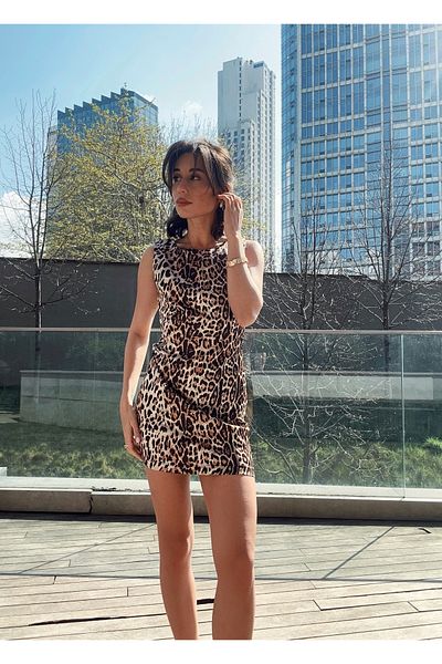 SANX Women's Leopard Print Satin Dress Mini Short Sleeveless Stylish Trend Invitation Dress