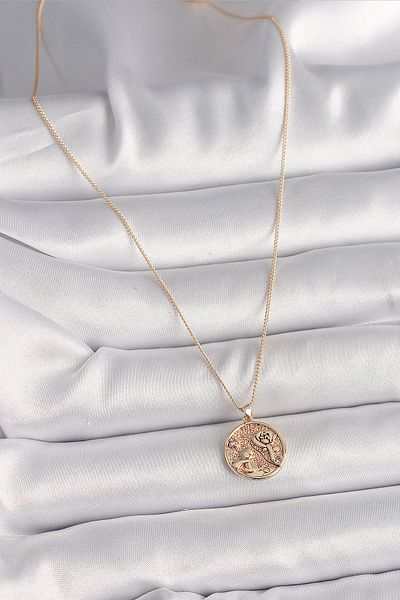 Skygo Brass Gold Color Zircon Stone Detailed Rose Engraved Medallion Model Women's Necklace - Tj-Bko9816