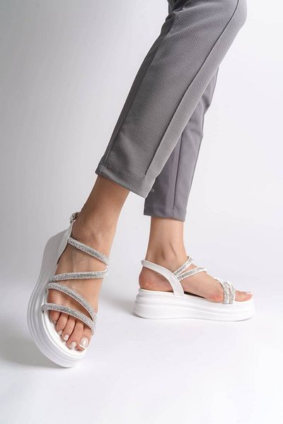 Joy Ayakkabı Riley Thin Buckle Stone Striped Orthopedic Sole Women's Sandals Bt - White
