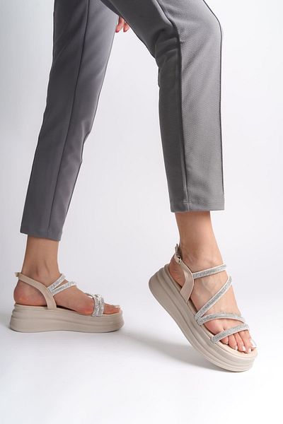 Joy Ayakkabı Riley Thin Buckle Stone Striped Orthopedic Sole Women's Sandals Kt - Cream