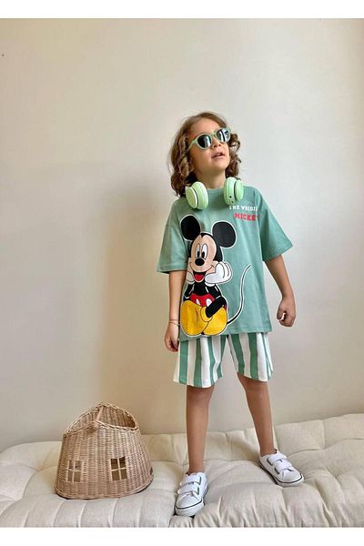 YİGİT BUTİK Yigit Butik Printed Striped Shorts Boys' Bottom Top Set