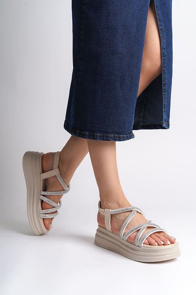 Joy Ayakkabı ELENA Elastic Stone Striped Orthopedic Sole Γυναικεία Σανδάλια KT - Κρέμα