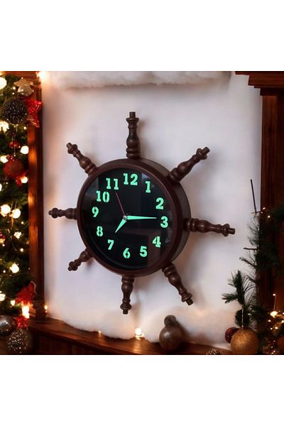 Bahat Phosphorescent Metal Wood Antique Sailor Sailor Helm Wall Clock 35 cm